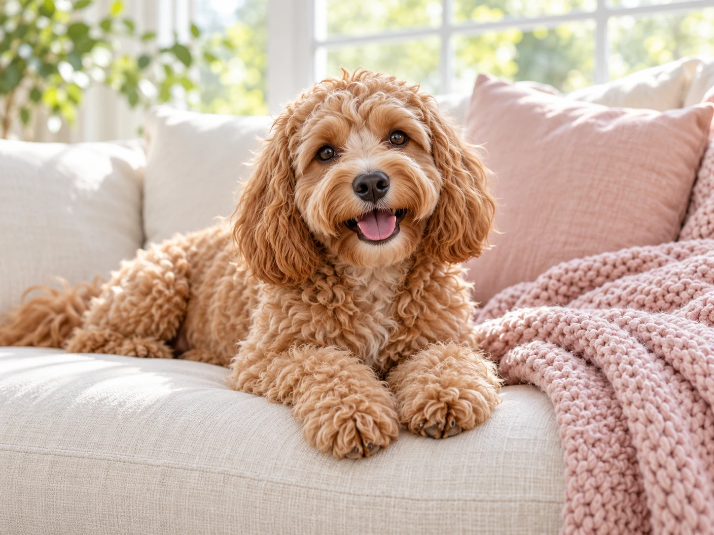 An apricot curly-coated dog relaxing on an ivory sofa beside a pink blanket.